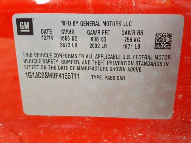 1G1JC6SH0F4155711 - 2015 CHEVROLET SONIC LT RED photo 10