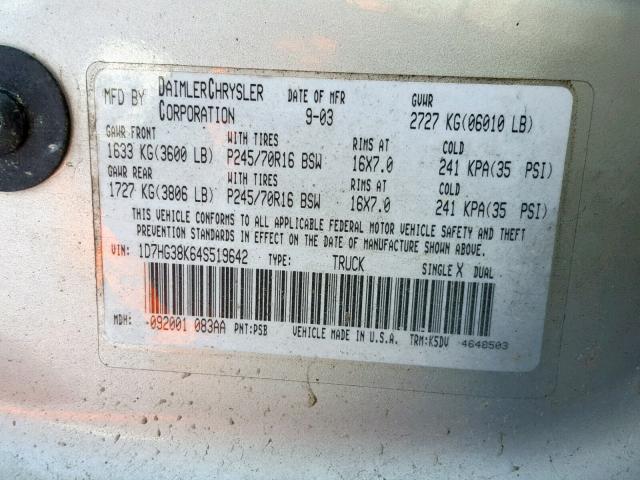 1D7HG38K64S519642 - 2004 DODGE DAKOTA QUA SILVER photo 10