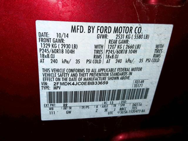 2FMDK4JC0EBB33659 - 2014 FORD EDGE SEL MAROON photo 10