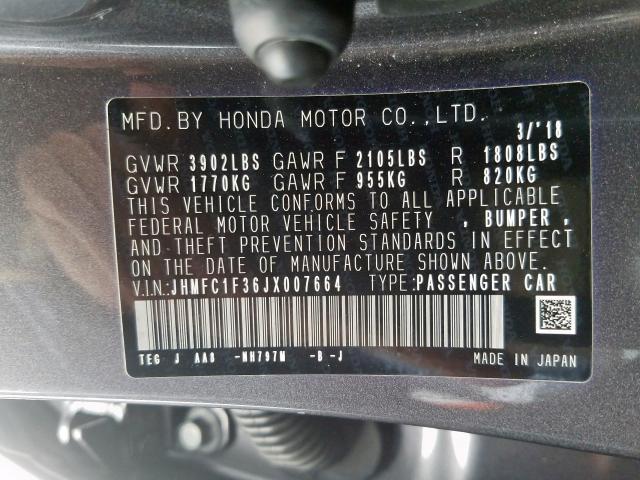 JHMFC1F36JX007664 - 2018 HONDA CIVIC EX  photo 10