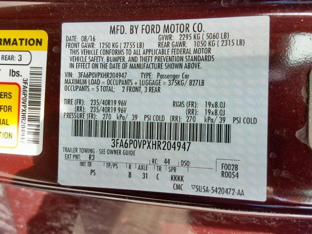 3FA6P0VPXHR204947 - 2017 FORD FUSION SPO BURGUNDY photo 10