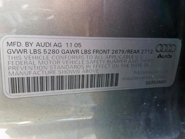 WAUDH74F46N102640 - 2006 AUDI A6 3.2 QUA GRAY photo 10