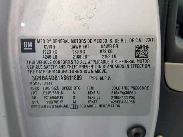 3GNBAADB1AS611809 - 2010 CHEVROLET HHR LS Արծաթագույն լուսանկար 10