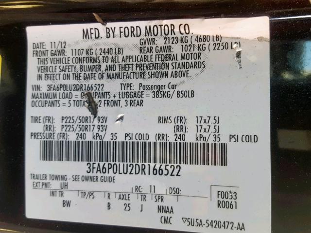 3FA6P0LU2DR166522 - 2013 FORD FUSION SE BLACK photo 10