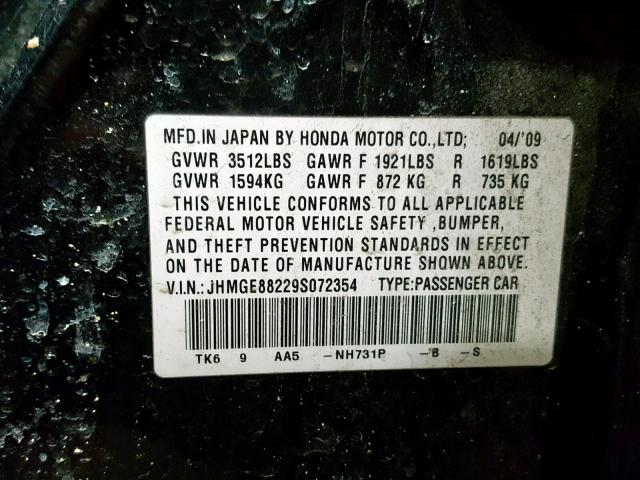 JHMGE88229S072354 - 2009 HONDA FIT BLACK photo 10