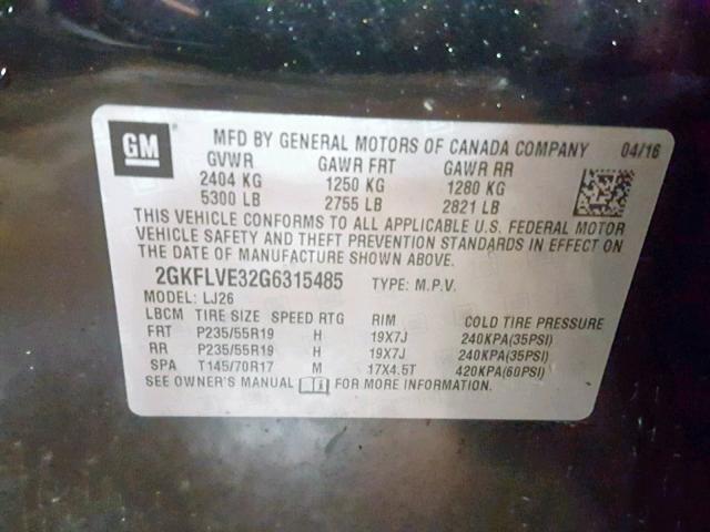 2GKFLVE32G6315485 - 2016 GMC TERRAIN DE BLACK photo 10