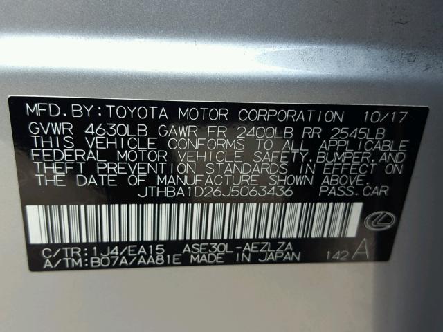 JTHBA1D26J5063436 - 2018 LEXUS IS 200T SILVER photo 10