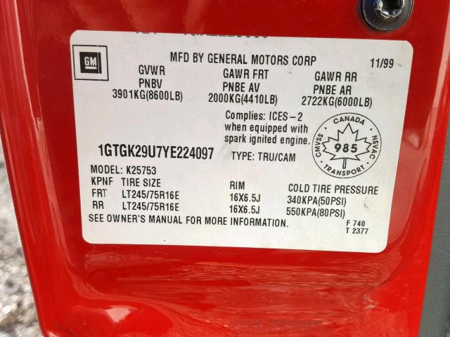 1GTGK29U7YE224097 - 2000 GMC NEW SIERRA RED photo 10