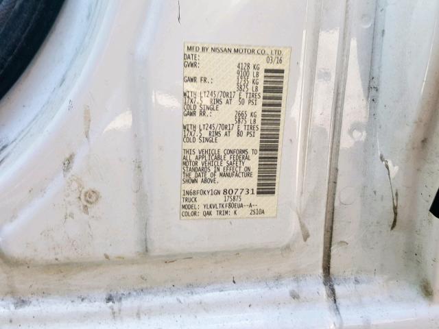 1N6BF0KY1GN807731 - 2016 NISSAN NV 1500 S WHITE photo 10