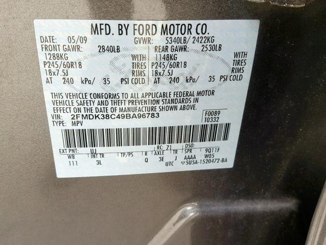 2FMDK38C49BA96783 - 2009 FORD EDGE SEL SILVER photo 10