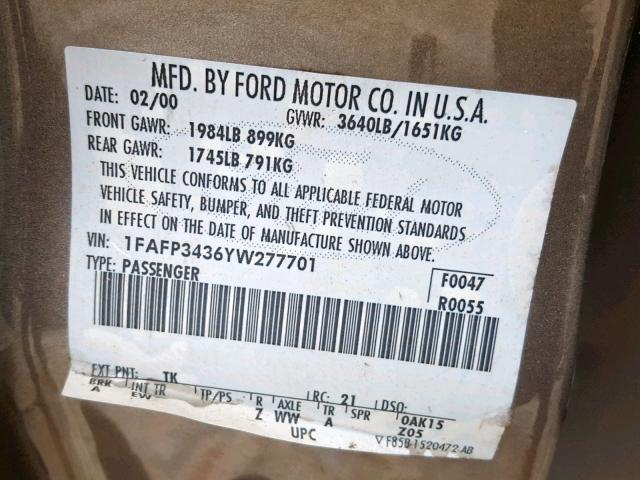 1FAFP3436YW277701 - 2000 FORD FOCUS SE GRAY photo 10