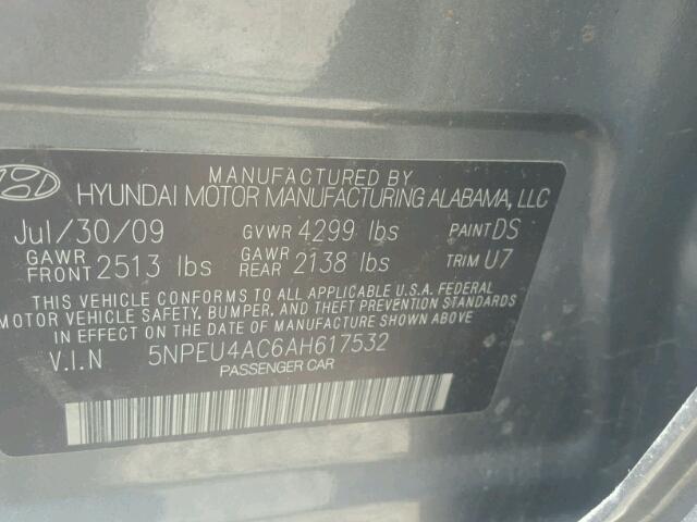 5NPEU4AC6AH617532 - 2010 HYUNDAI SONATA SE/ GRAY photo 10