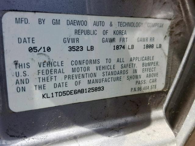 KL1TD5DE6AB125893 - 2010 CHEVROLET AVEO LS GRAY photo 10