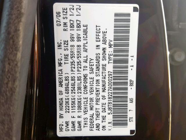 5J8TB18227A000297 - 2007 ACURA RDX BLACK photo 10