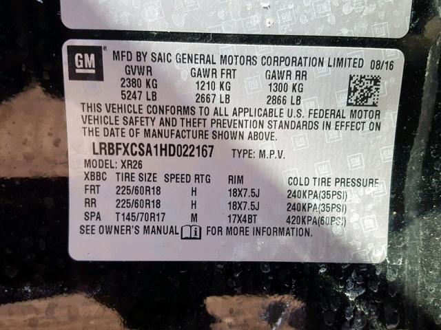 LRBFXCSA1HD022167 - 2017 BUICK ENVISION P BLACK photo 10