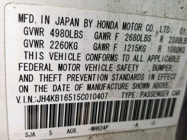 JH4KB16515C010407 - 2005 ACURA RL WHITE photo 10