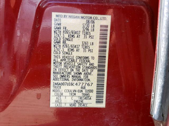 1N6AD07U16C477767 - 2006 NISSAN FRONTIER C RED photo 10