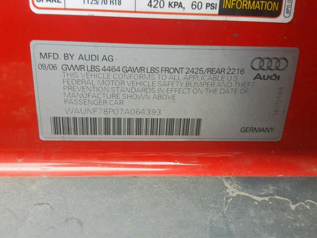 WAUNF78P07A064393 - 2007 AUDI A3 2.0 PRE RED photo 10