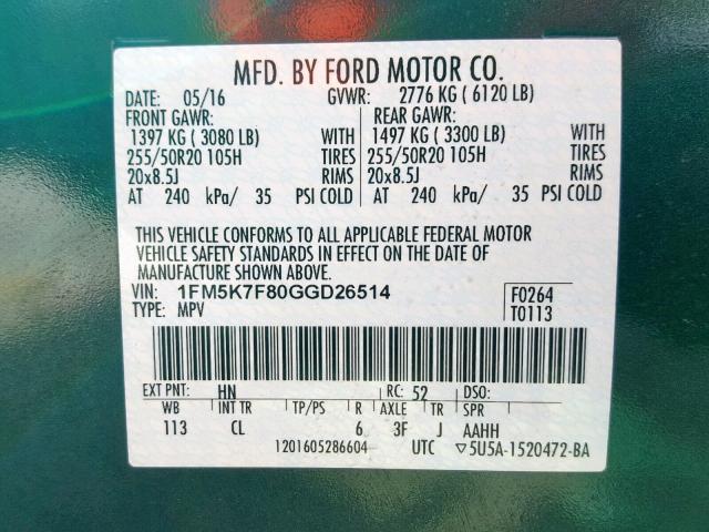 1FM5K7F80GGD26514 - 2016 FORD EXPLORER L GREEN photo 10