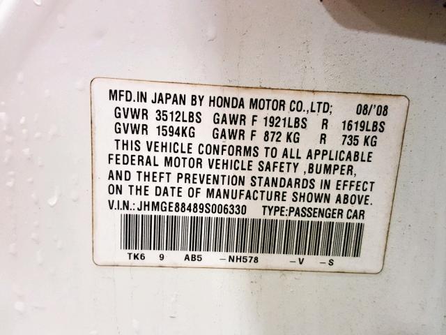 JHMGE88489S006330 - 2009 HONDA FIT SPORT WHITE photo 10