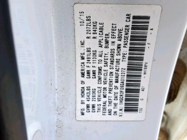 1HGCR3F06GA010372 - 2016 HONDA ACCORD EXL WHITE photo 10