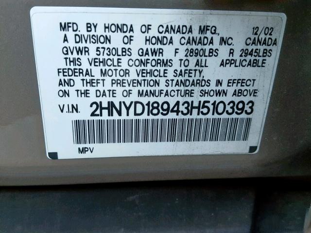 2HNYD18943H510393 - 2003 ACURA MDX TOURIN BEIGE photo 10