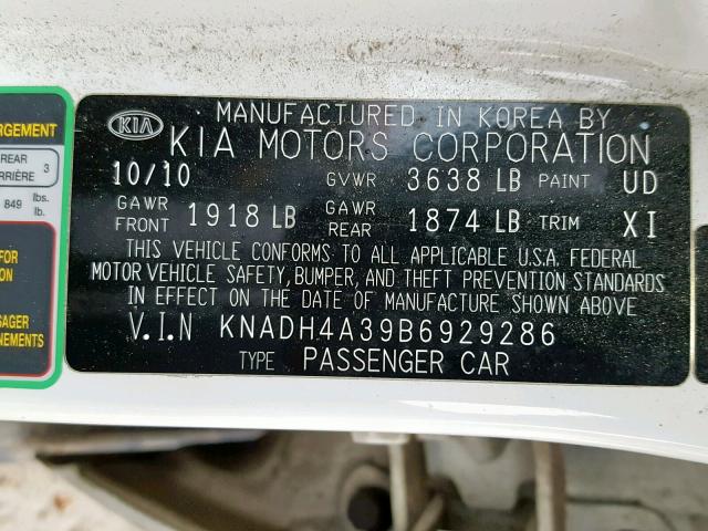 KNADH4A39B6929286 - 2011 KIA RIO BASE WHITE photo 10