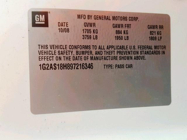 1G2AS18H897216346 - 2009 PONTIAC G5 WHITE photo 10