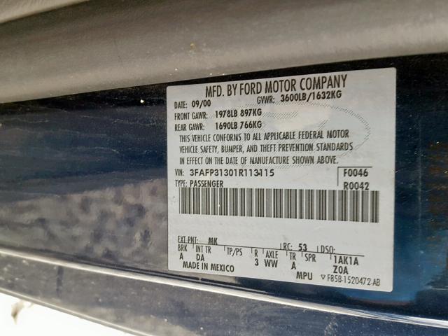 3FAFP31301R113115 - 2001 FORD FOCUS ZX3 BLUE photo 10