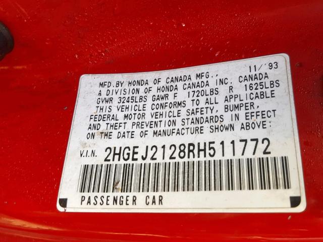 2HGEJ2128RH511772 - 1994 HONDA CIVIC DX RED photo 10