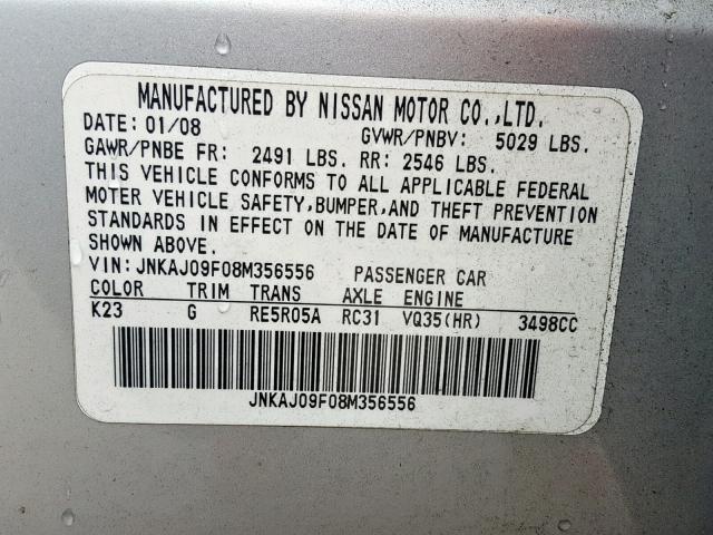 JNKAJ09F08M356556 - 2008 INFINITI EX35 BASE GRAY photo 10