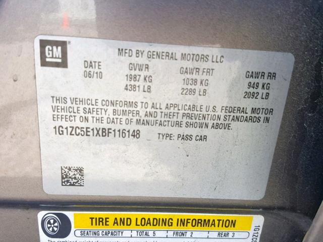 1G1ZC5E1XBF116148 - 2011 CHEVROLET MALIBU 1LT GOLD photo 10