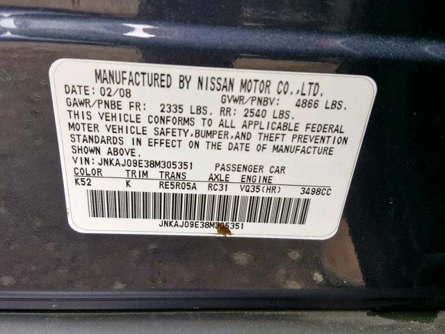 JNKAJ09E38M305351 - 2008 INFINITI EX35 BASE GRAY photo 10