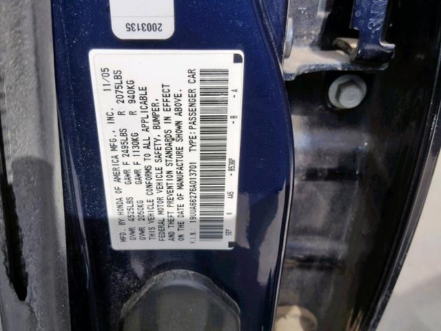 19UUA66276A013701 - 2006 ACURA 3.2TL BLUE photo 10