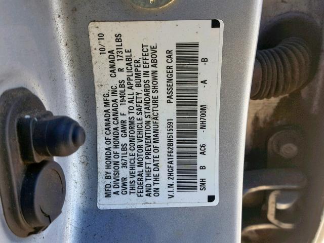 2HGFA1F62BH515591 - 2011 HONDA CIVIC LX-S Gümüş foto 10