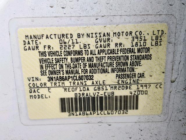 3N1AB6AP1CL607032 - 2012 NISSAN SENTRA 2.0 WHITE photo 10