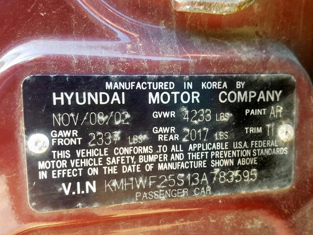 KMHWF25S13A783595 - 2003 HYUNDAI SONATA GL RED photo 10