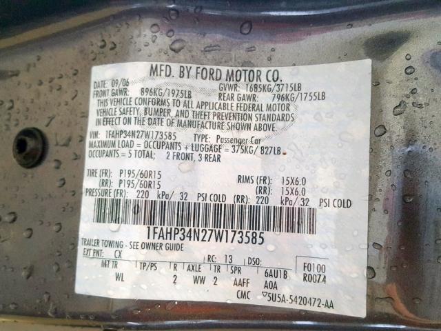 1FAHP34N27W173585 - 2007 FORD FOCUS ZX4 GRAY photo 10