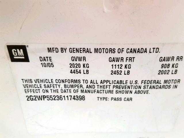 2G2WP552361174398 - 2006 PONTIAC GRAND PRIX WHITE photo 10