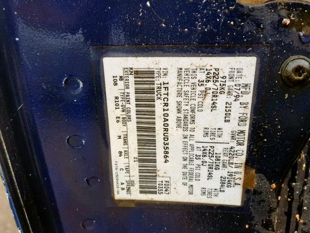 1FTCR10A0RUD35864 - 1994 FORD RANGER BLUE photo 10