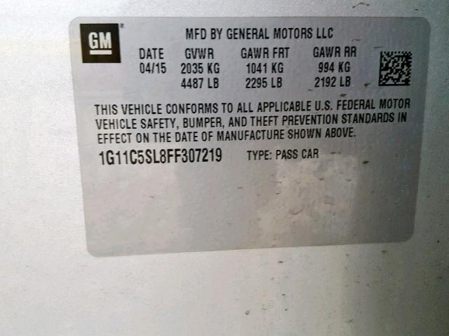 1G11C5SL8FF307219 - 2015 CHEVROLET MALIBU 1LT ვერცხლისფერი ფოტო 10