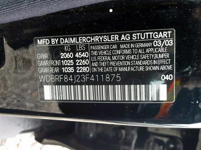 WDBRF84J23F411875 - 2003 MERCEDES-BENZ C 320 4MAT BLACK photo 10