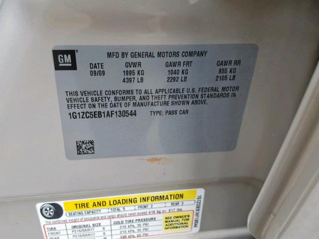 1G1ZC5EB1AF130544 - 2010 CHEVROLET MALIBU 1LT თაფლისფერი ფოტო 10