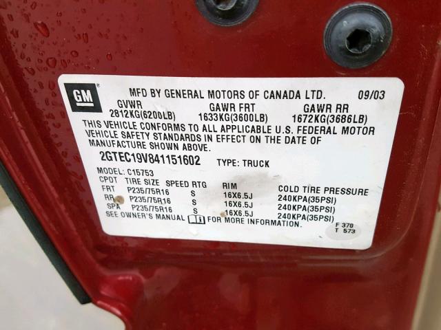 2GTEC19V841151602 - 2004 GMC NEW SIERRA BURGUNDY photo 10