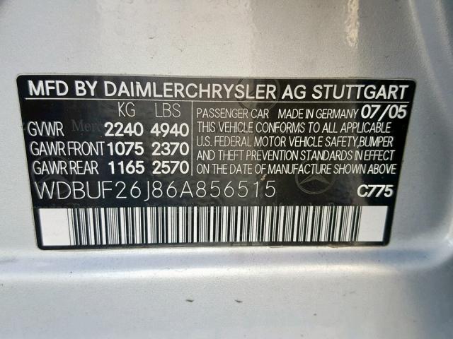 WDBUF26J86A856515 - 2006 MERCEDES-BENZ E 320 CDI SILVER photo 10