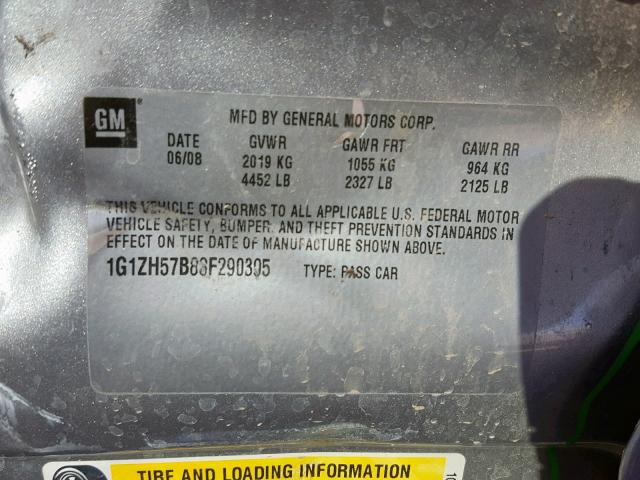 1G1ZH57B88F290395 - 2008 CHEVROLET MALIBU 1LT ვერცხლისფერი ფოტო 10