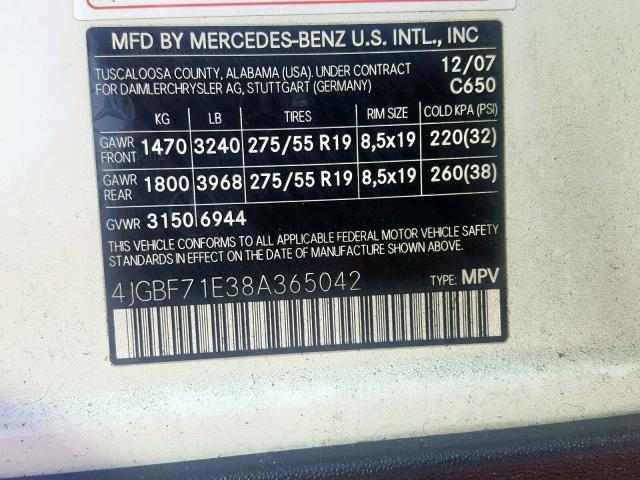 4JGBF71E38A365042 - 2008 MERCEDES-BENZ GL 450 4MA WHITE photo 10