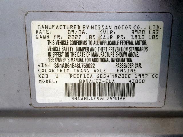 3N1AB61E48L759022 - 2008 NISSAN SENTRA 2.0 SILVER photo 10