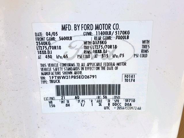 1FTWW31P85ED26791 - 2005 FORD F350 SRW S WHITE photo 10