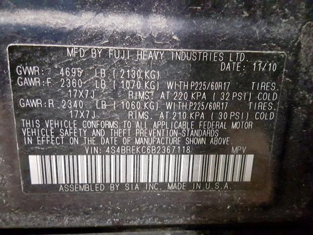 4S4BREKC6B2367118 - 2011 SUBARU OUTBACK 3. GRAY photo 10